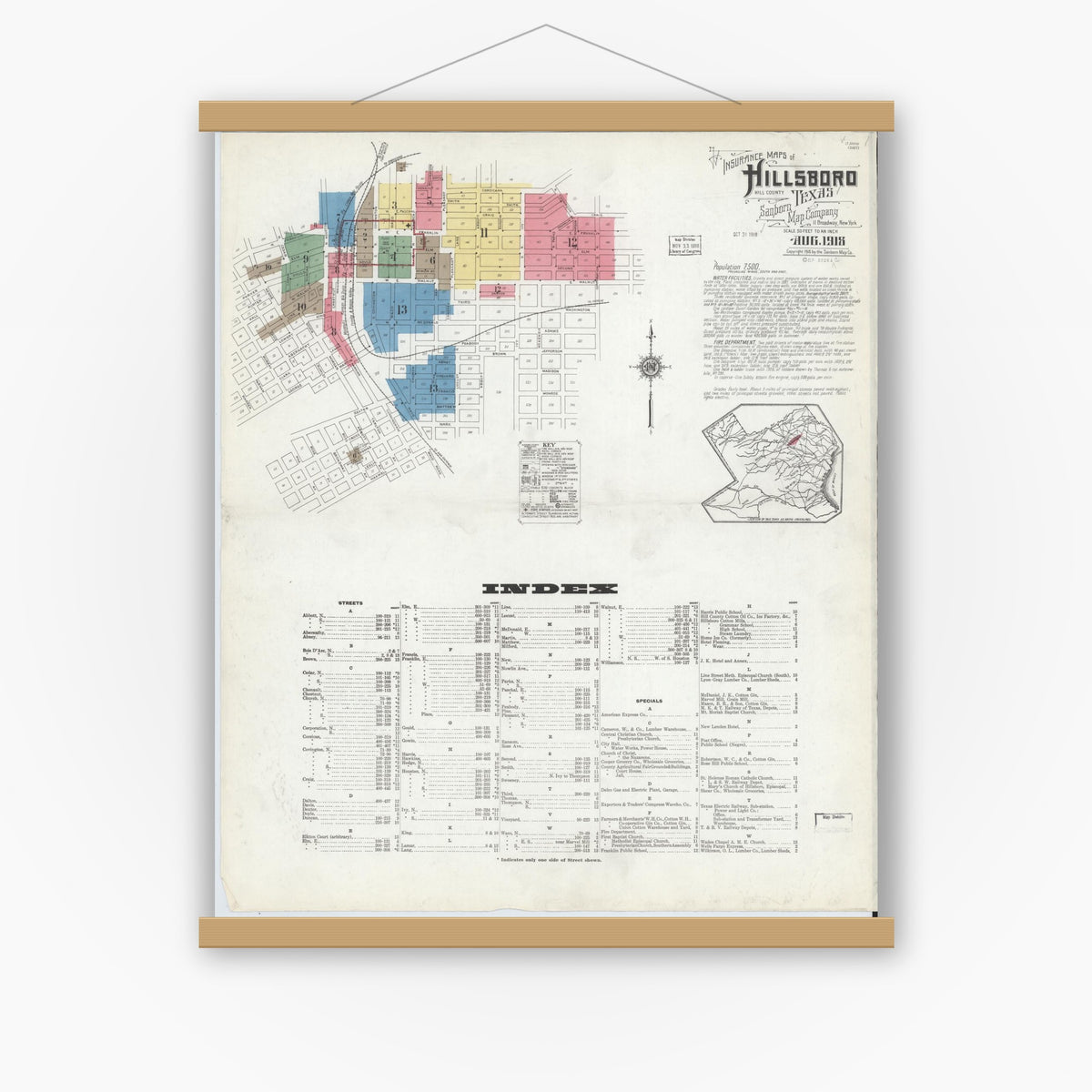 Old map wall art mockup — magnetic wood frame on white wall — Sanborn Fire Insurance Map from Hillsboro, Hill County, Texas (1918) - Complete Map Set