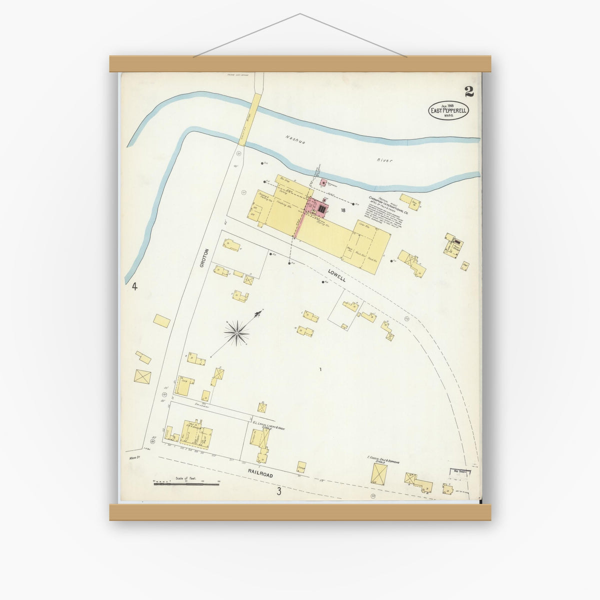 Old map wall art mockup — magnetic wood frame on white wall — Sanborn Fire Insurance Map from East Pepperell, Middlesex County, Massachusetts (1903), Sheet #0002