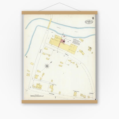 Old map wall art mockup — magnetic wood frame on white wall — Sanborn Fire Insurance Map from East Pepperell, Middlesex County, Massachusetts (1903), Sheet #0002