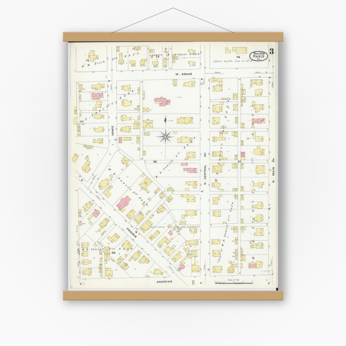 Old map wall art mockup — magnetic wood frame on white wall — Sanborn Fire Insurance Map from Paris, Edgar County, Illinois (1908), Sheet #0003