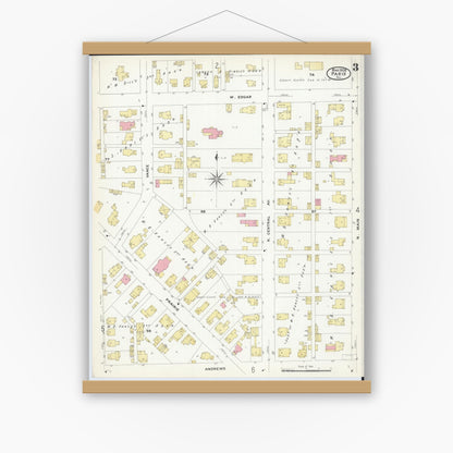 Old map wall art mockup — magnetic wood frame on white wall — Sanborn Fire Insurance Map from Paris, Edgar County, Illinois (1908), Sheet #0003