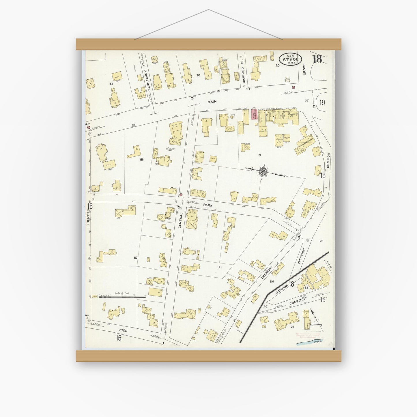 Old map wall art mockup — magnetic wood frame on white wall — Sanborn Fire Insurance Map from Athol, Worcester County, Massachusetts (1911), Sheet #0018