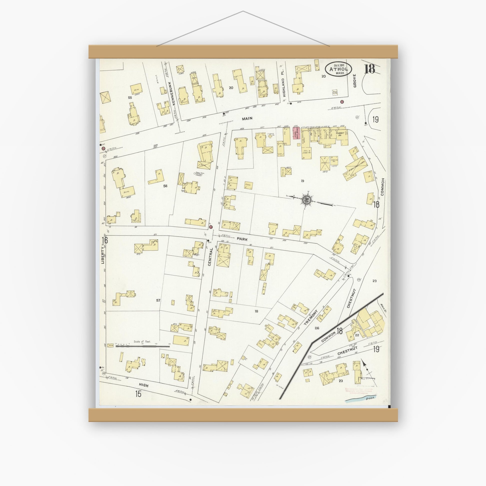 Old map wall art mockup — magnetic wood frame on white wall — Sanborn Fire Insurance Map from Athol, Worcester County, Massachusetts (1911), Sheet #0018