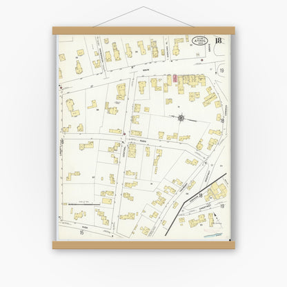 Old map wall art mockup — magnetic wood frame on white wall — Sanborn Fire Insurance Map from Athol, Worcester County, Massachusetts (1911), Sheet #0018