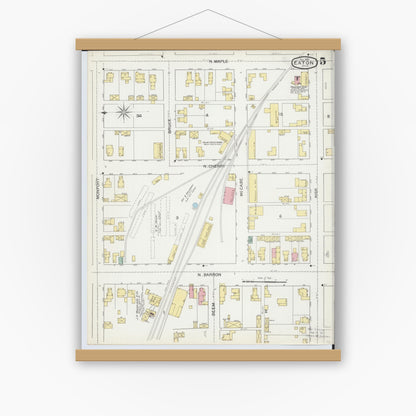 Old map wall art mockup — magnetic wood frame on white wall — Sanborn Fire Insurance Map from Eaton, Preble County, Ohio (1892), Sheet #0005