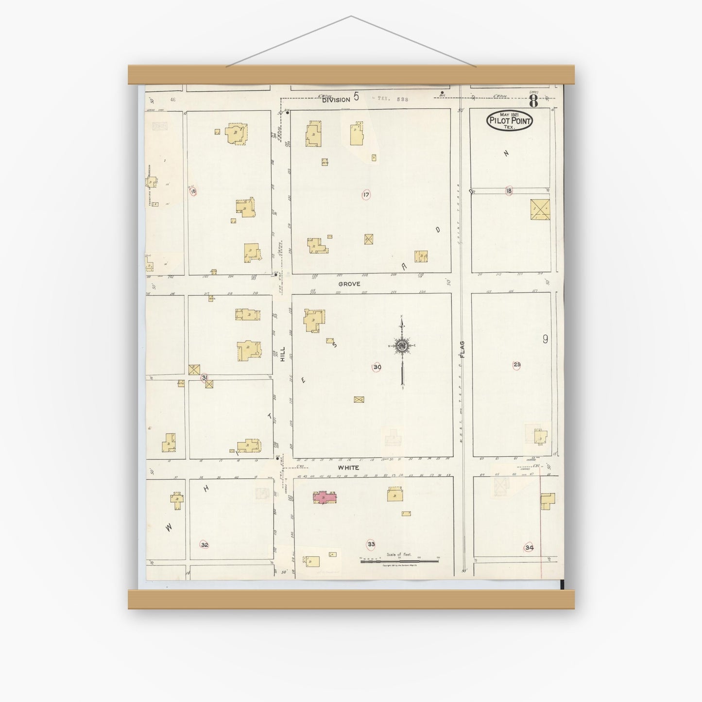 Old map wall art mockup — magnetic wood frame on white wall — Sanborn Fire Insurance Map from Pilot Point, Denton County, Texas (1940), Sheet #0008