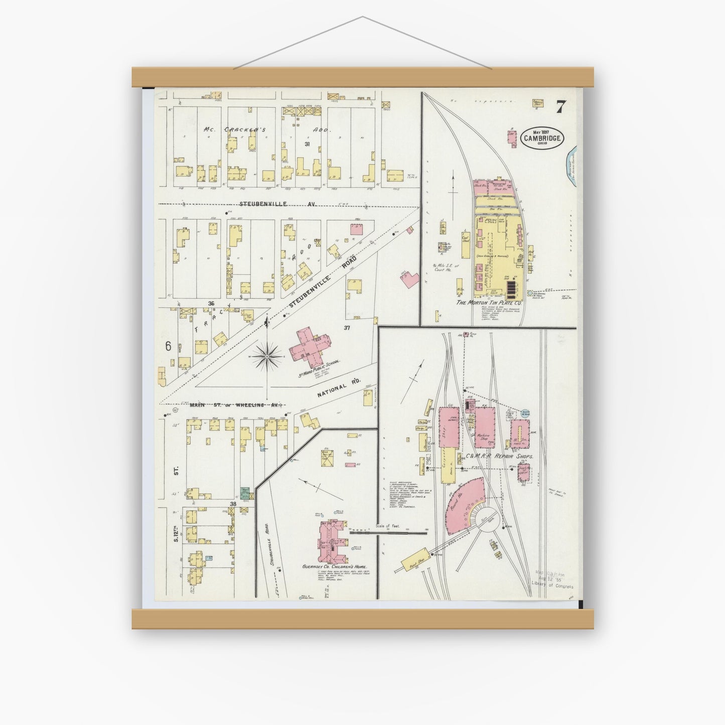 Old map wall art mockup — magnetic wood frame on white wall — Sanborn Fire Insurance Map from Cambridge, Guernsey County, Ohio (1897), Sheet #0007