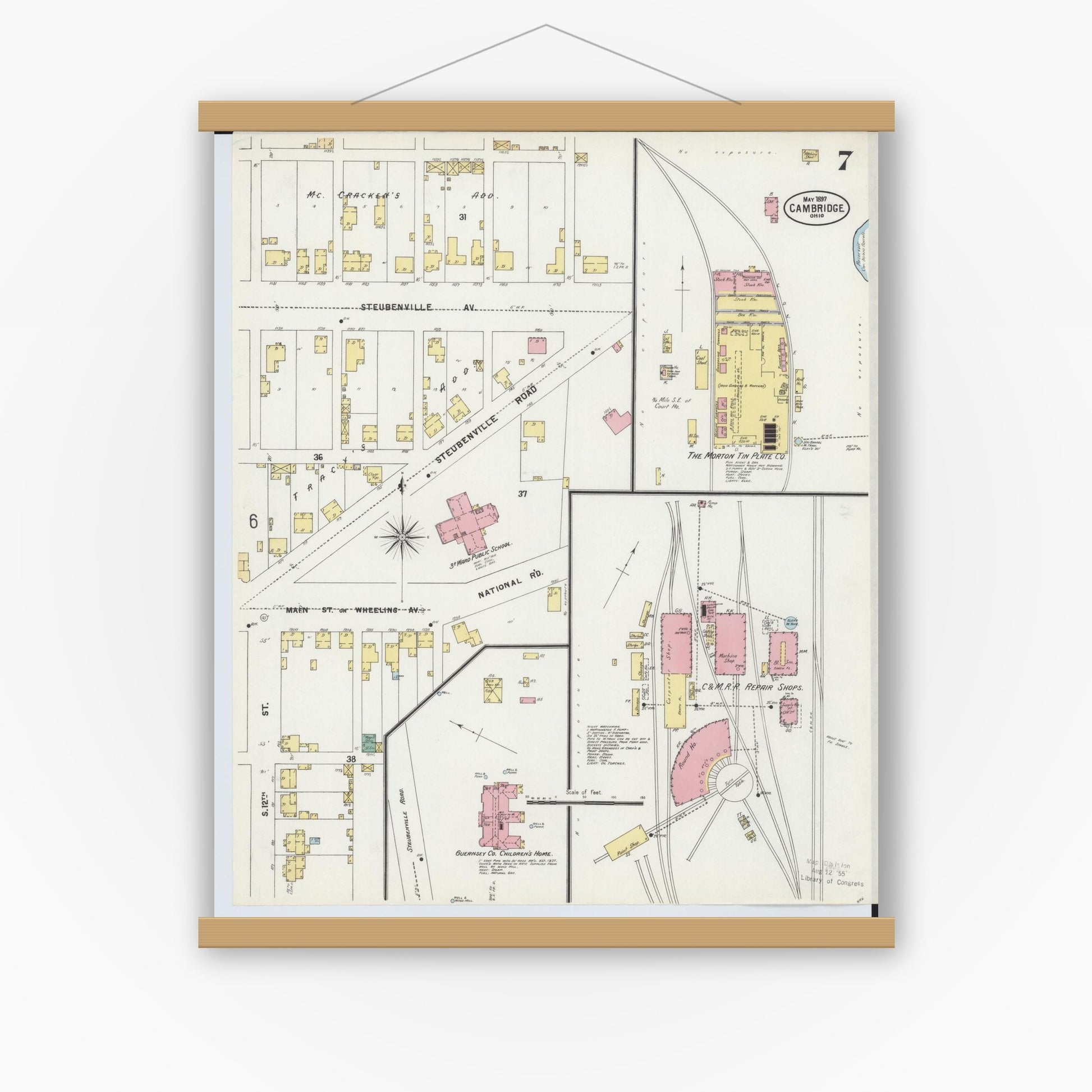 Old map wall art mockup — magnetic wood frame on white wall — Sanborn Fire Insurance Map from Cambridge, Guernsey County, Ohio (1897), Sheet #0007