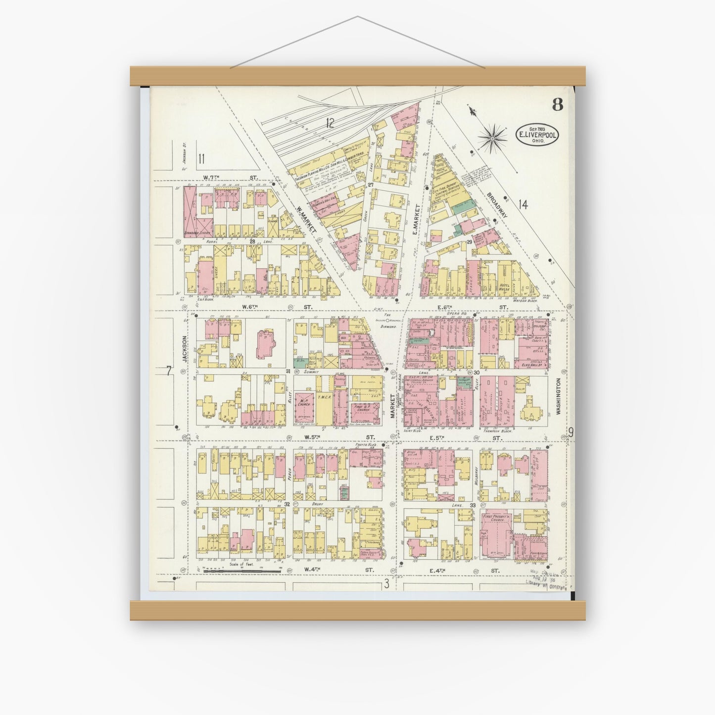 Old map wall art mockup — magnetic wood frame on white wall — Sanborn Fire Insurance Map from East Liverpool, Columbiana County, Ohio (1903), Sheet #0008