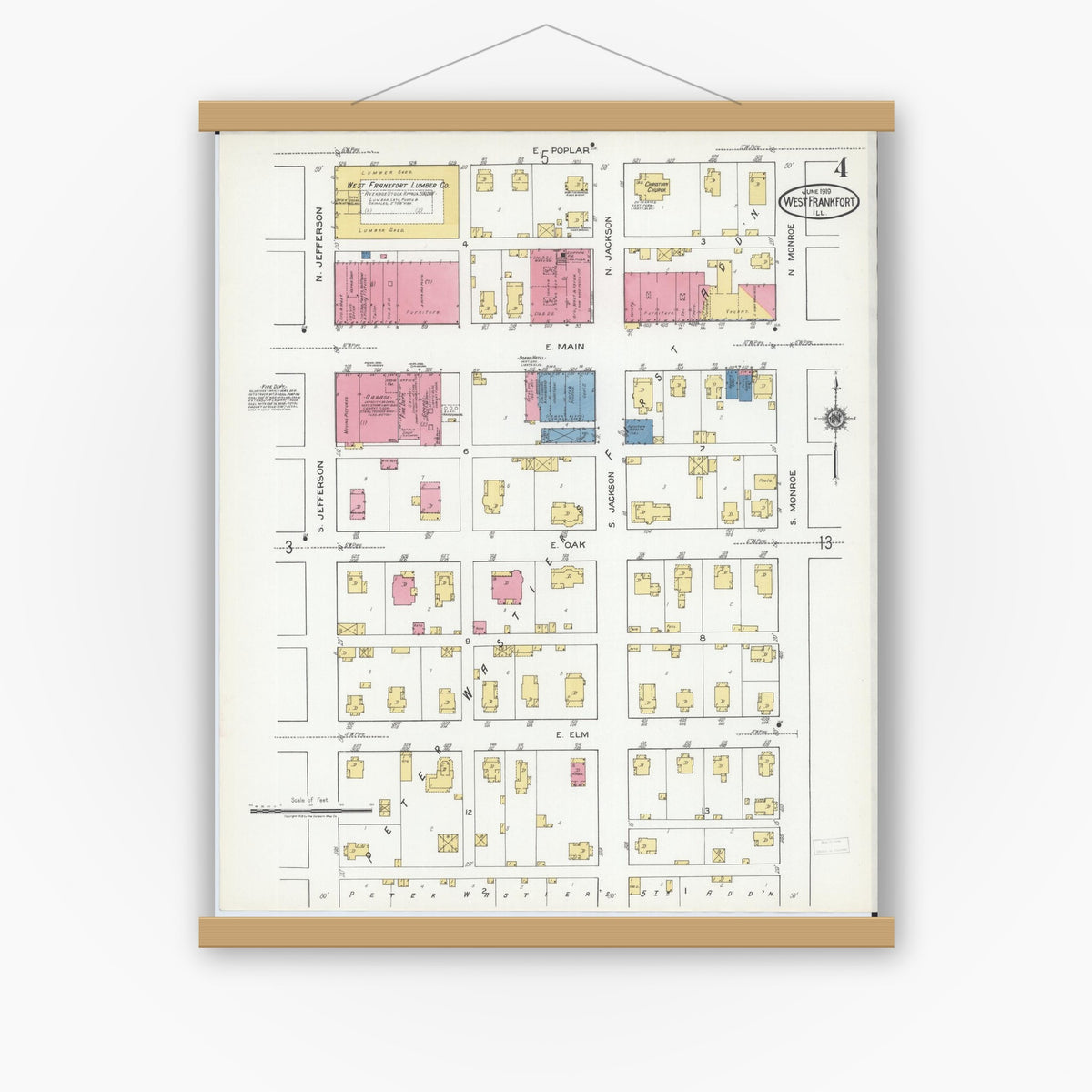Old map wall art mockup — magnetic wood frame on white wall — Sanborn Fire Insurance Map from West Frankfort, Franklin County, Illinois (1919), Sheet #0004