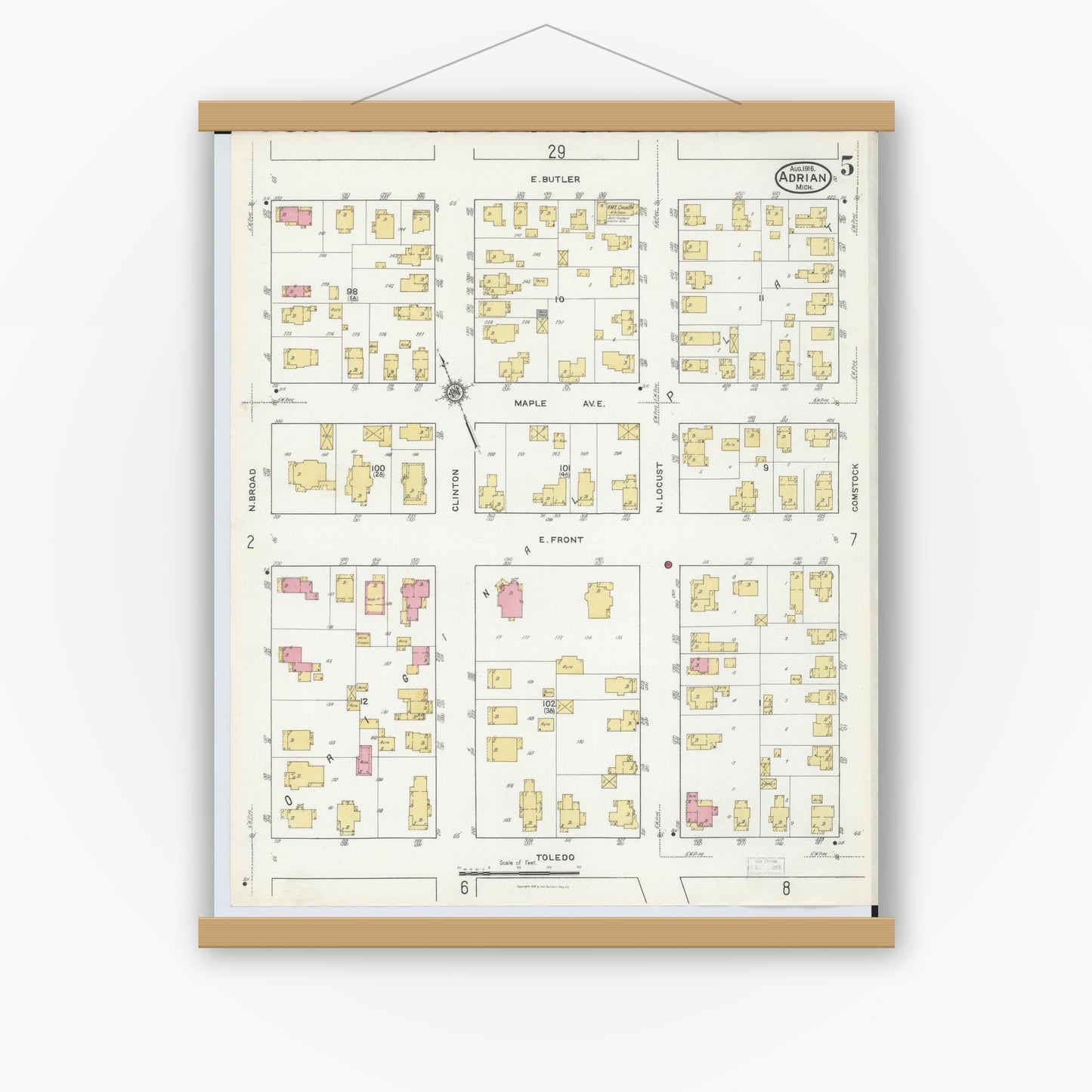 Old map wall art mockup — magnetic wood frame on white wall — Sanborn Fire Insurance Map from Adrian, Lenawee County, Michigan (1916), Sheet #0005