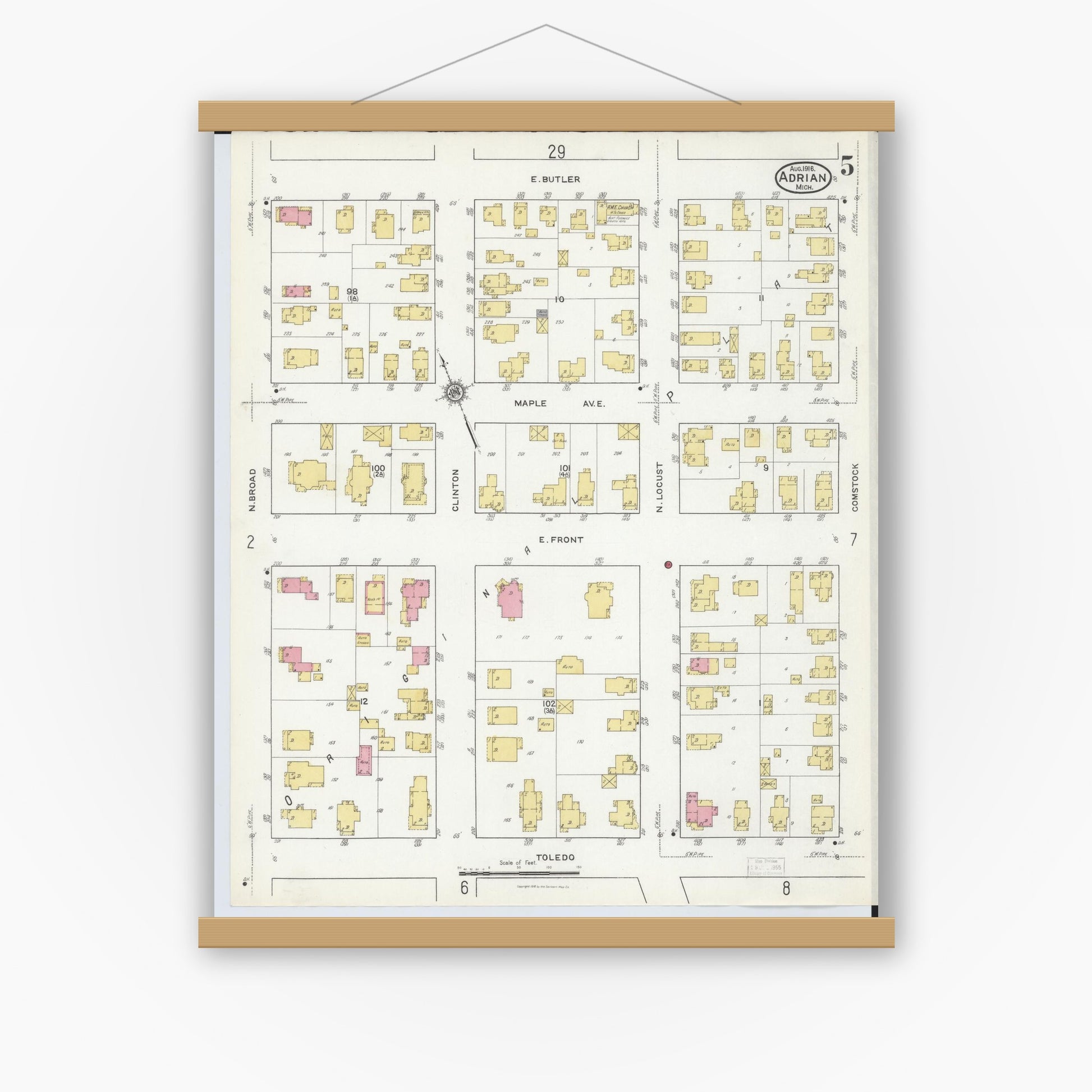 Old map wall art mockup — magnetic wood frame on white wall — Sanborn Fire Insurance Map from Adrian, Lenawee County, Michigan (1916), Sheet #0005