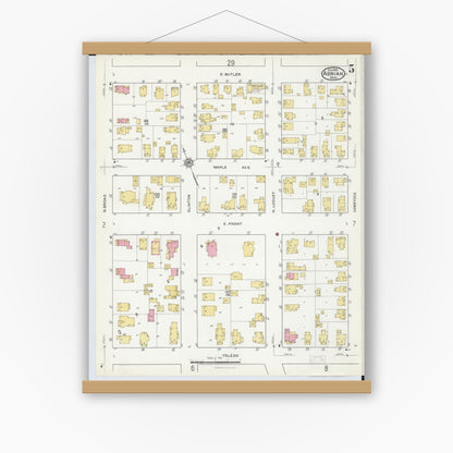 Old map wall art mockup — magnetic wood frame on white wall — Sanborn Fire Insurance Map from Adrian, Lenawee County, Michigan (1916), Sheet #0005