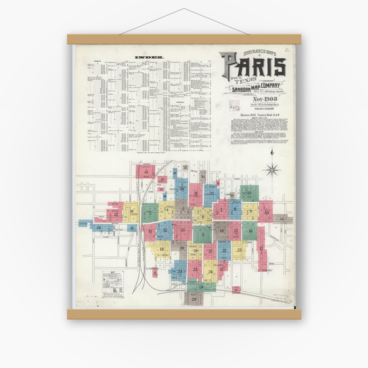 Old map wall art mockup — magnetic wood frame on white wall — Sanborn Fire Insurance Map from Paris, Lamar County, Texas (1908), Sheet #0001