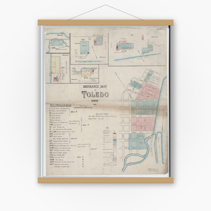 Old map wall art mockup — magnetic wood frame on white wall — Sanborn Fire Insurance Map from Toledo, Lucas County, Ohio (1868), Sheet #0001