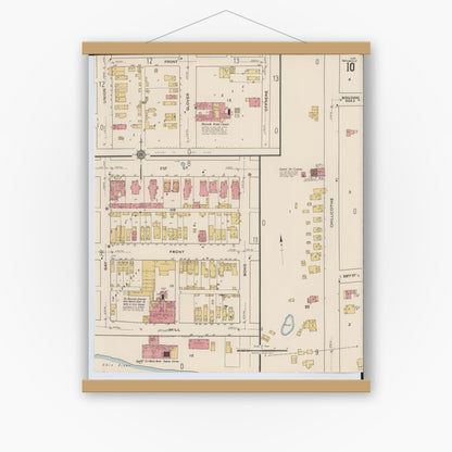 Old map wall art mockup — magnetic wood frame on white wall — Sanborn Fire Insurance Map from Portsmouth, Scioto County, Ohio (1921), Sheet #0010