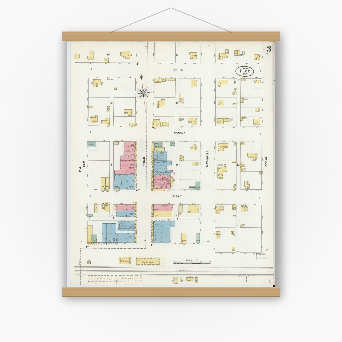 Old map wall art mockup — magnetic wood frame on white wall — Sanborn Fire Insurance Map from Hico, Hamilton County, Texas (1898), Sheet #0003