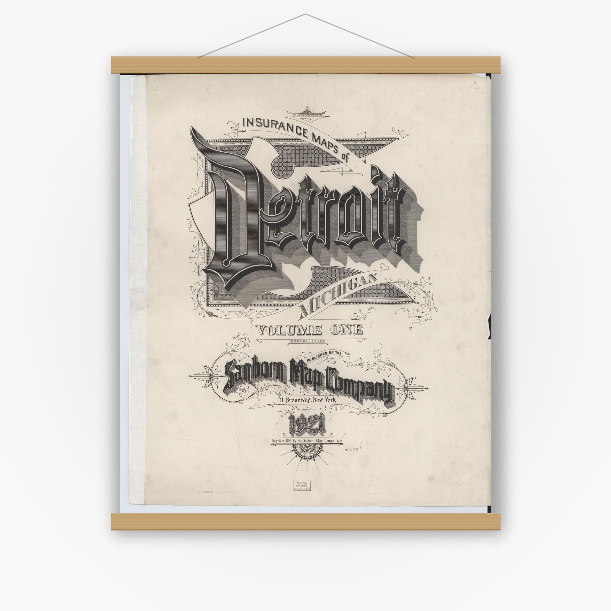 Old map wall art mockup — magnetic wood frame on white wall — Sanborn Fire Insurance Map from Detroit, Wayne County, Michigan (1921), Sheet #0001