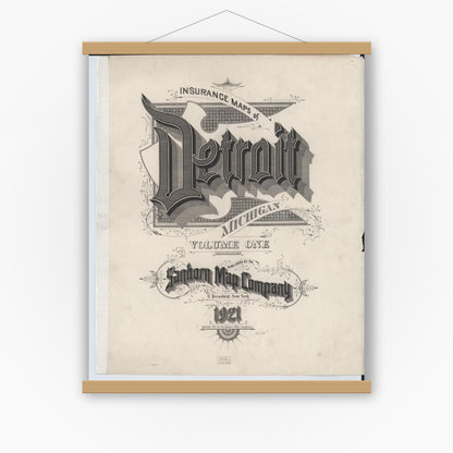 Old map wall art mockup — magnetic wood frame on white wall — Sanborn Fire Insurance Map from Detroit, Wayne County, Michigan (1921), Sheet #0001