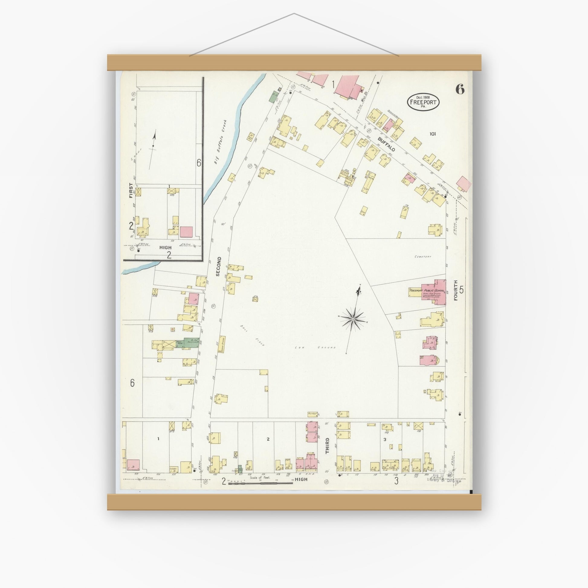 Old map wall art mockup — magnetic wood frame on white wall — Sanborn Fire Insurance Map from Freeport, Armstrong County, Pennsylvania (1908), Sheet #0006