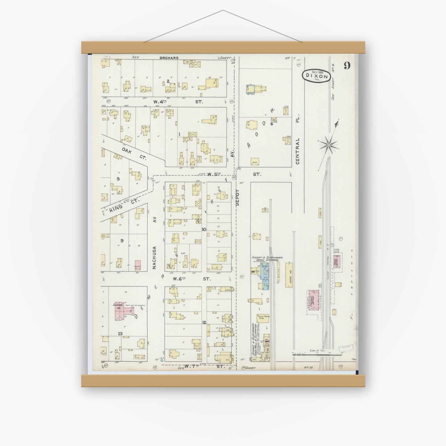 Old map wall art mockup — magnetic wood frame on white wall — Sanborn Fire Insurance Map from Dixon, Lee County, Illinois (1891), Sheet #0009