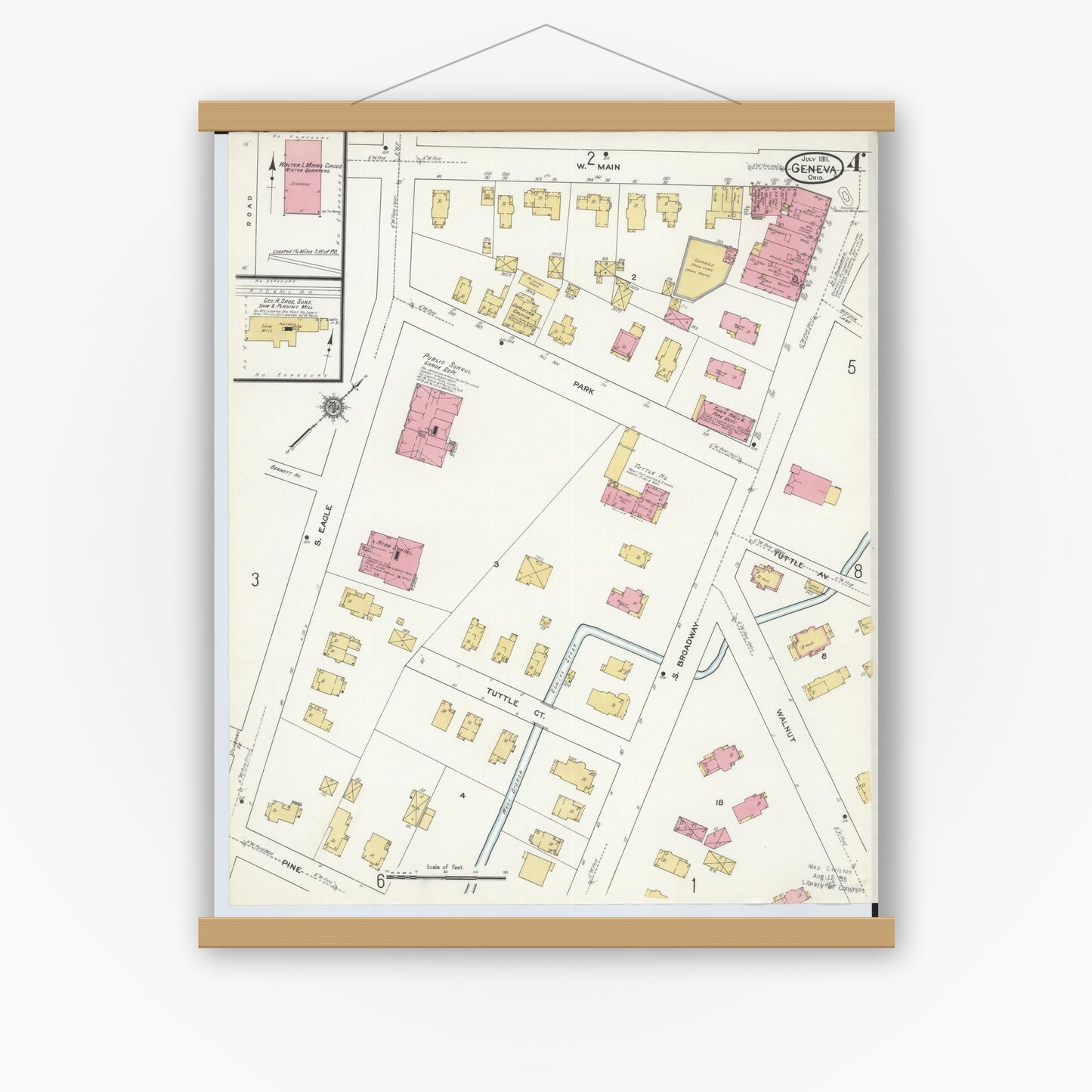 Old map wall art mockup — magnetic wood frame on white wall — Sanborn Fire Insurance Map from Geneva, Ashtabula County, Ohio (1911), Sheet #0004