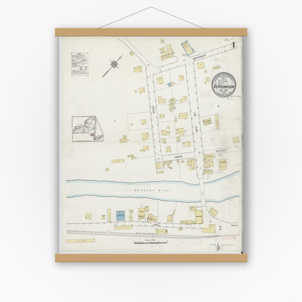 Old map wall art mockup — magnetic wood frame on white wall — Sanborn Fire Insurance Map from Kerhonkson, Ulster County, New York (1914), Sheet #0001