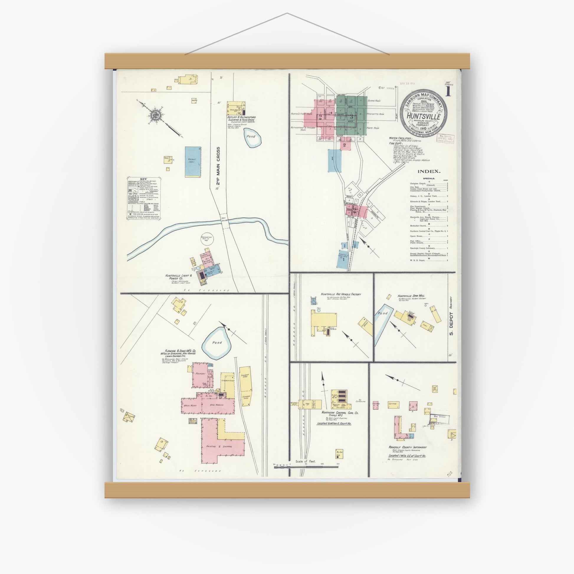 Old map wall art mockup — magnetic wood frame on white wall — Sanborn Fire Insurance Map from Huntsville, Randolph County, Missouri (1910), Sheet #0001