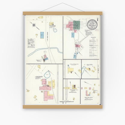 Old map wall art mockup — magnetic wood frame on white wall — Sanborn Fire Insurance Map from Huntsville, Randolph County, Missouri (1910), Sheet #0001