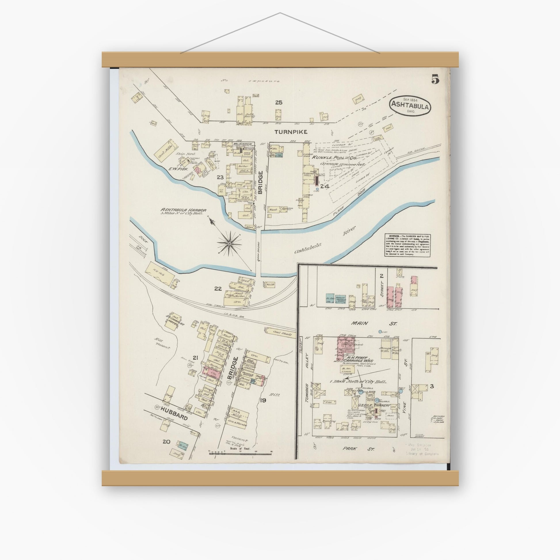 Old map wall art mockup — magnetic wood frame on white wall — Sanborn Fire Insurance Map from Ashtabula, Ashtabula County, Ohio (1884), Sheet #0005