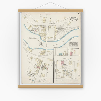 Old map wall art mockup — magnetic wood frame on white wall — Sanborn Fire Insurance Map from Ashtabula, Ashtabula County, Ohio (1884), Sheet #0005