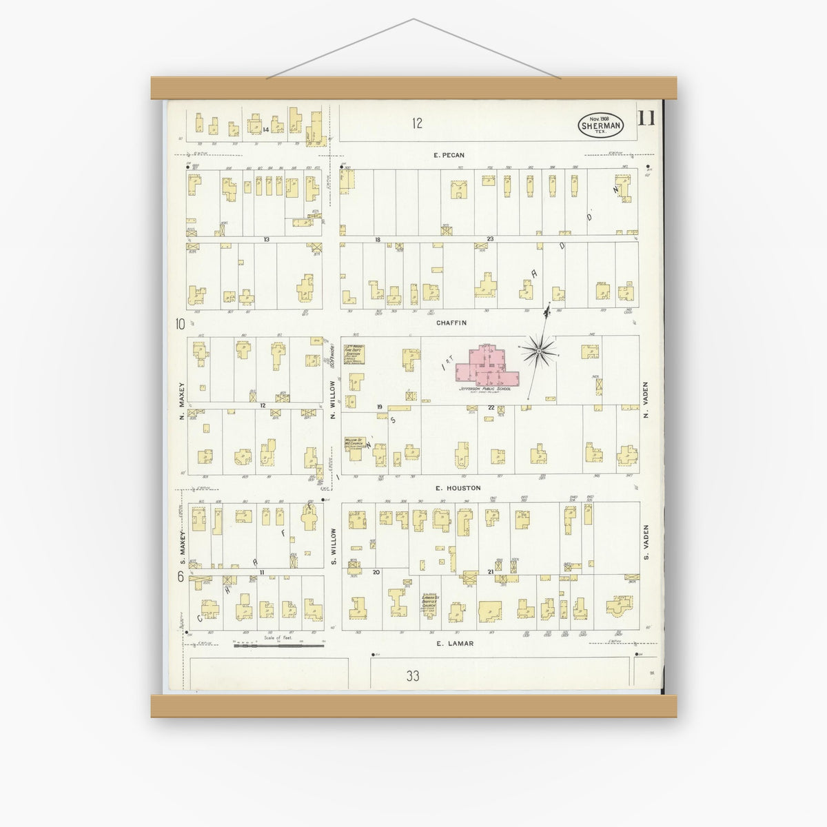 Old map wall art mockup — magnetic wood frame on white wall — Sanborn Fire Insurance Map from Sherman, Grayson County, Texas (1908), Sheet #0011