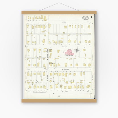 Old map wall art mockup — magnetic wood frame on white wall — Sanborn Fire Insurance Map from Sherman, Grayson County, Texas (1908), Sheet #0011