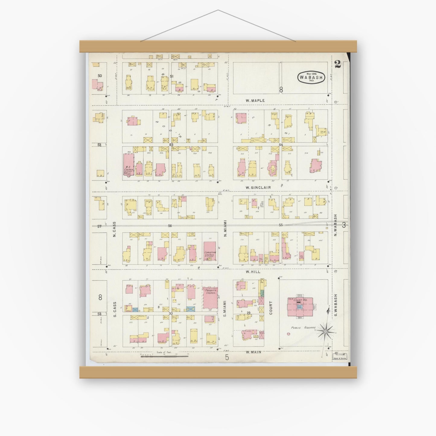 Old map wall art mockup — magnetic wood frame on white wall — Sanborn Fire Insurance Map from Wabash, Wabash County, Indiana (1896), Sheet #0002