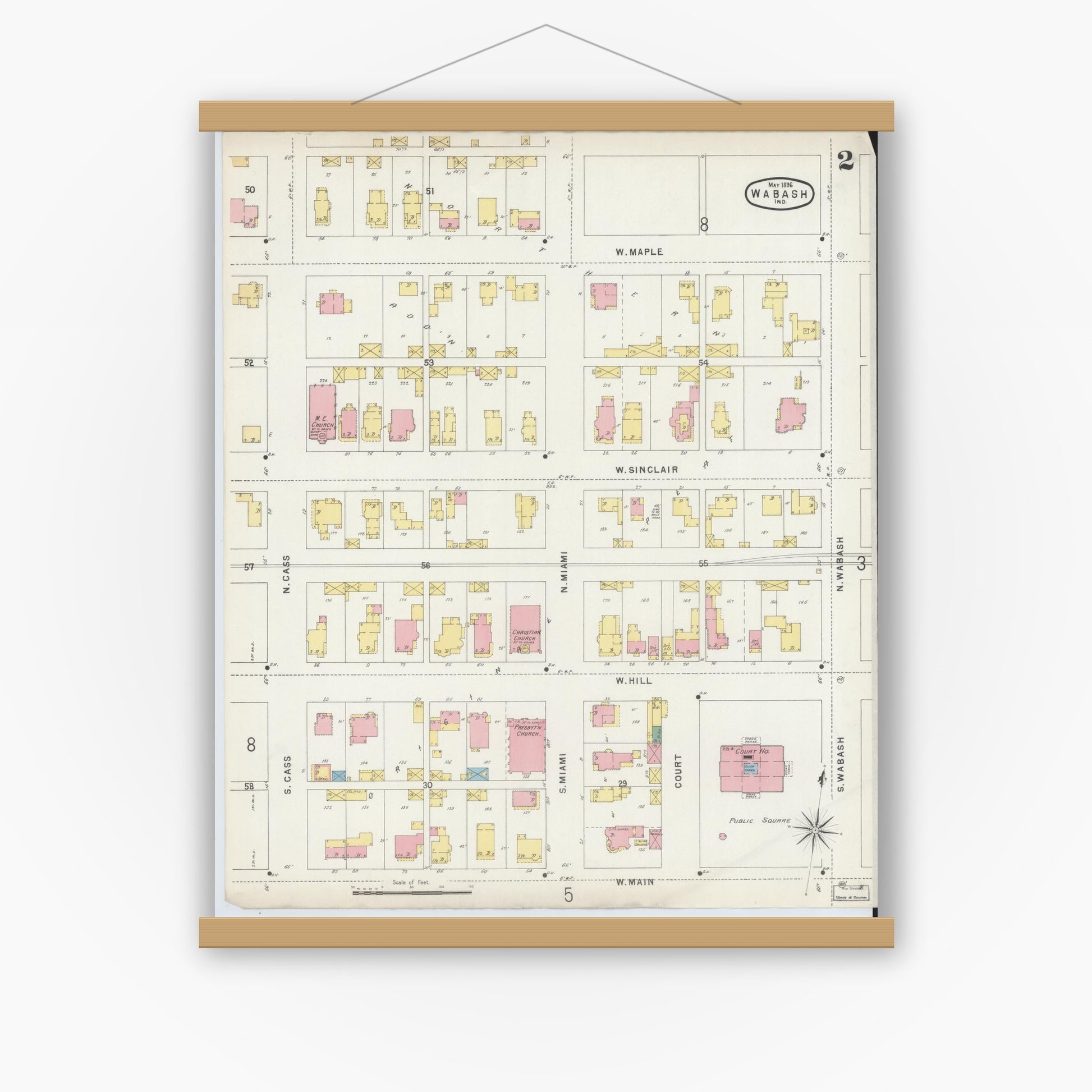 Old map wall art mockup — magnetic wood frame on white wall — Sanborn Fire Insurance Map from Wabash, Wabash County, Indiana (1896), Sheet #0002