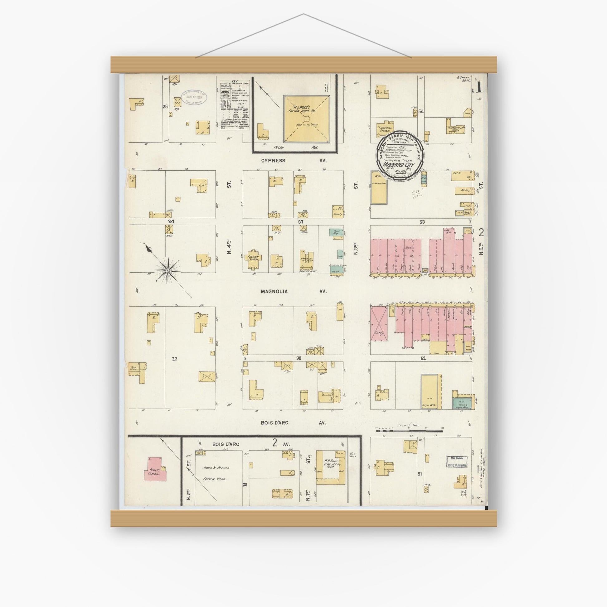 Old map wall art mockup — magnetic wood frame on white wall — Sanborn Fire Insurance Map from Hubbard, Hill County, Texas (1898), Sheet #0001