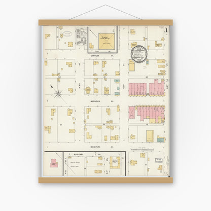 Old map wall art mockup — magnetic wood frame on white wall — Sanborn Fire Insurance Map from Hubbard, Hill County, Texas (1898), Sheet #0001