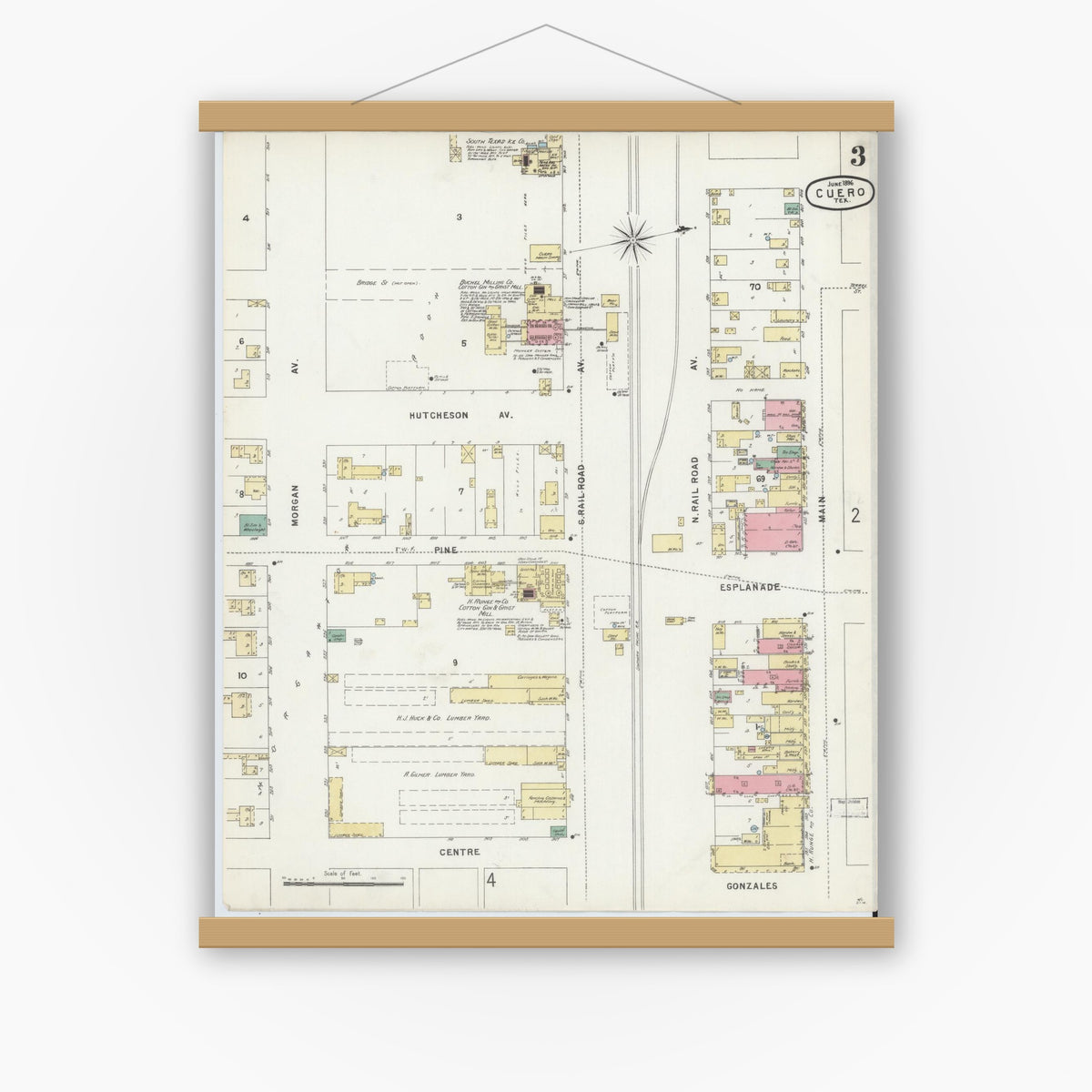 Old map wall art mockup — magnetic wood frame on white wall — Sanborn Fire Insurance Map from Cuero, De Witt County, Texas (1896), Sheet #0003