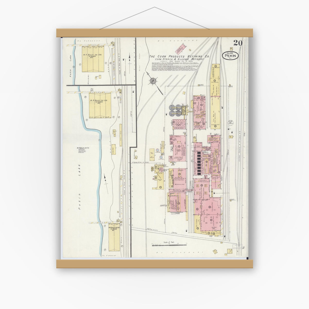 Old map wall art mockup — magnetic wood frame on white wall — Sanborn Fire Insurance Map from Pekin, Tazewell County, Illinois (1909), Sheet #0020