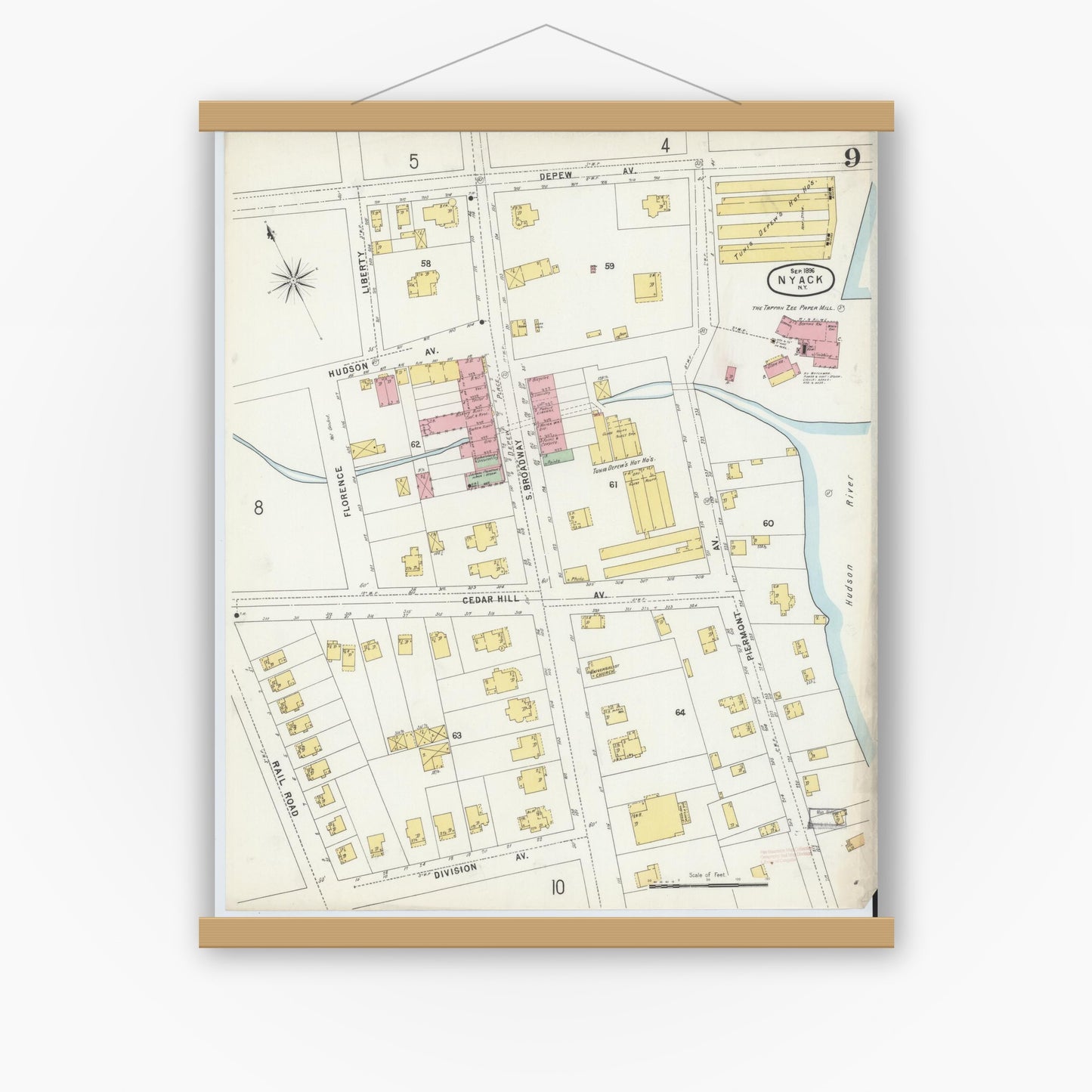 Old map wall art mockup — magnetic wood frame on white wall — Sanborn Fire Insurance Map from Nyack, Rockland County, New York. (1896), Sheet #0009