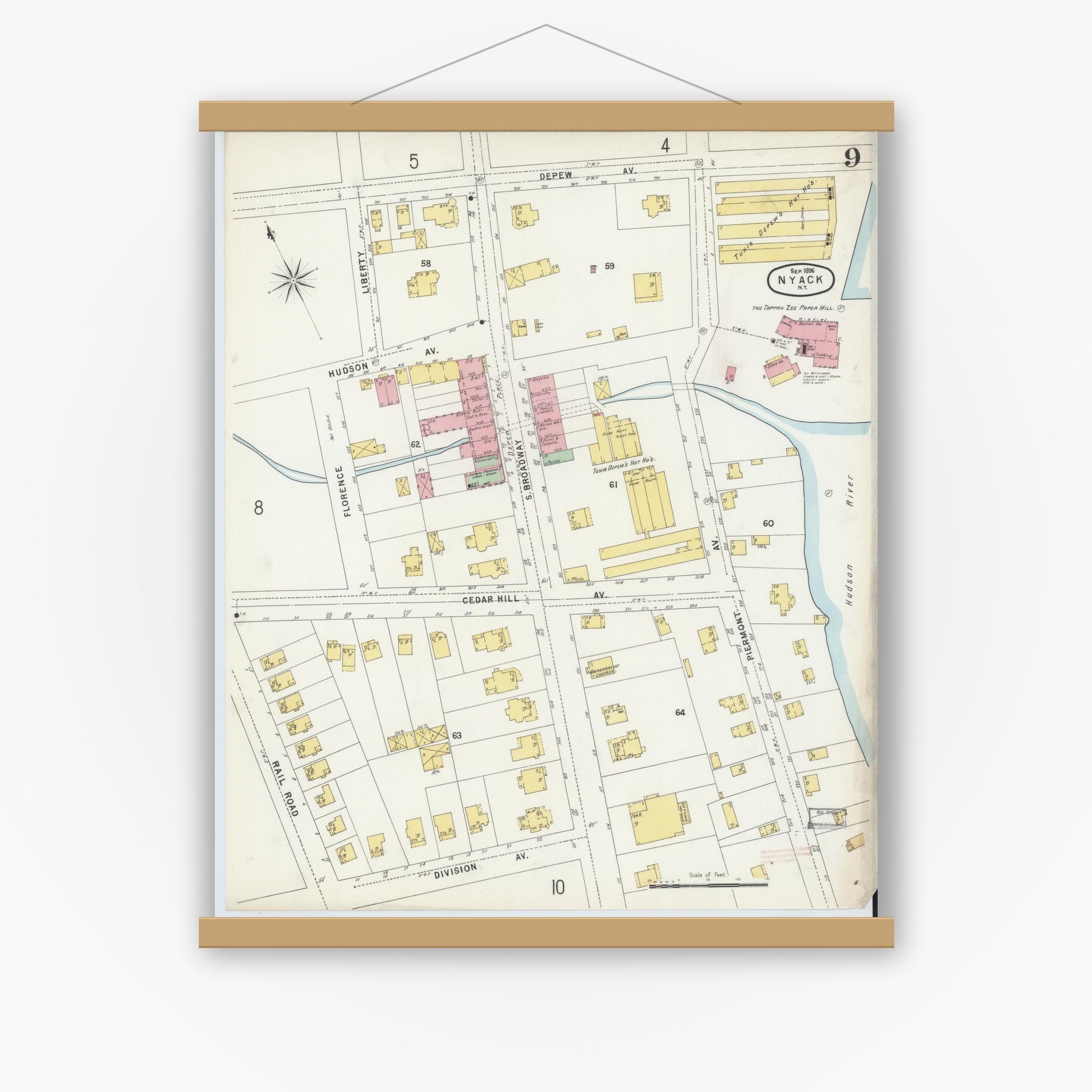 Old map wall art mockup — magnetic wood frame on white wall — Sanborn Fire Insurance Map from Nyack, Rockland County, New York. (1896), Sheet #0009