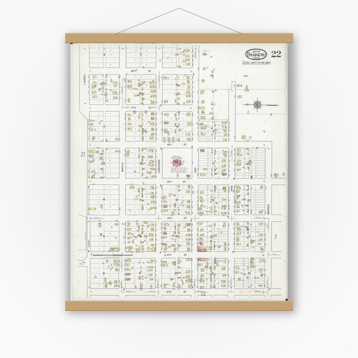 Old map wall art mockup — magnetic wood frame on white wall — Sanborn Fire Insurance Map from Brainerd, Crow Wing County, Minnesota (1917), Sheet #0022