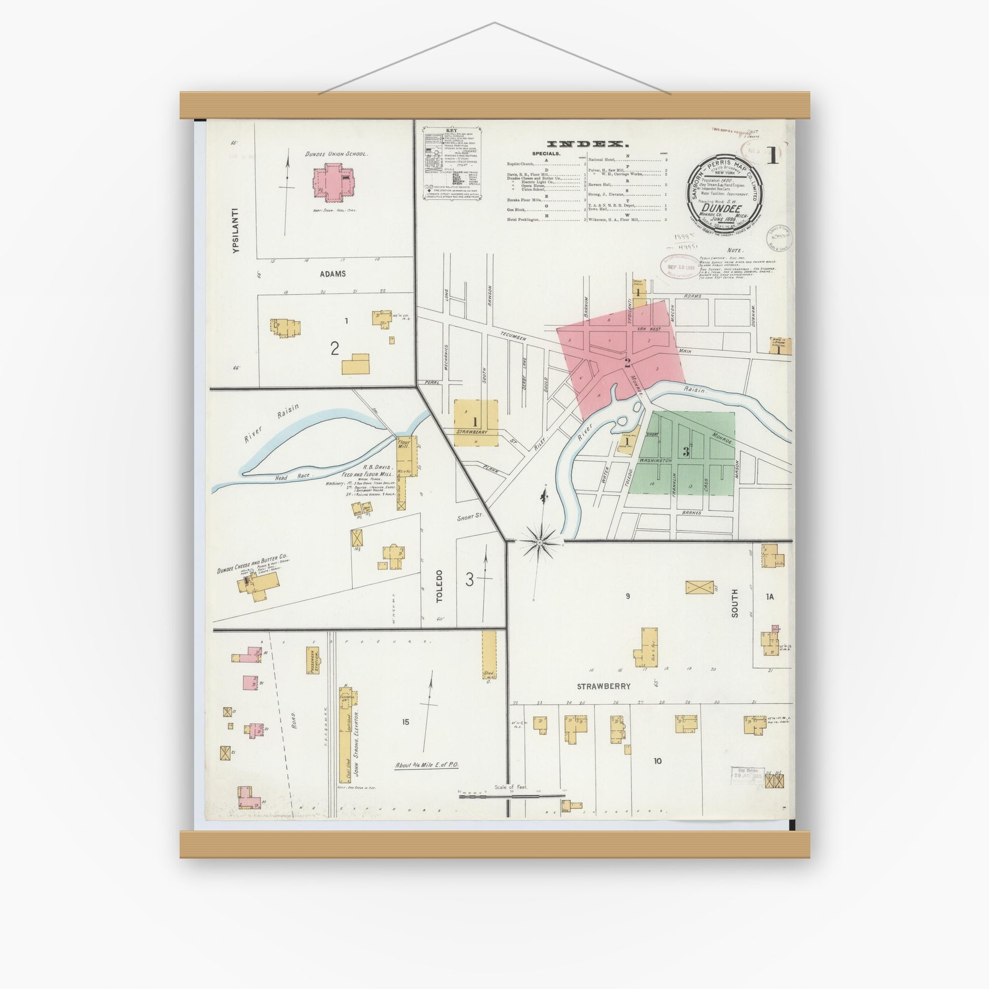 Old map wall art mockup — magnetic wood frame on white wall — Sanborn Fire Insurance Map from Dundee, Monroe County, Michigan (1899) - Complete Map Set