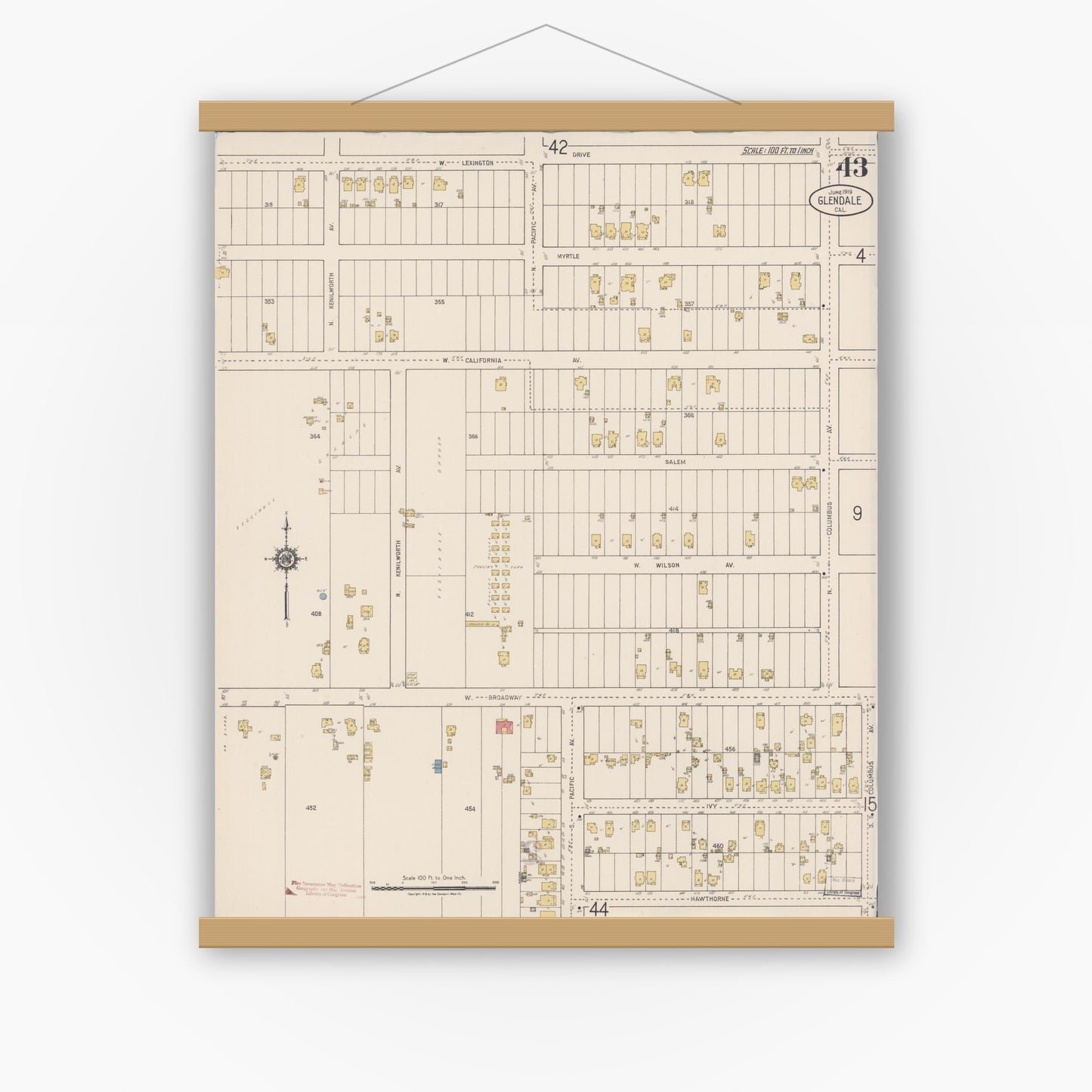 Old map wall art mockup — magnetic wood frame on white wall — Sanborn Fire Insurance Map from Glendale, Los Angeles County, California (1919), Sheet #0043