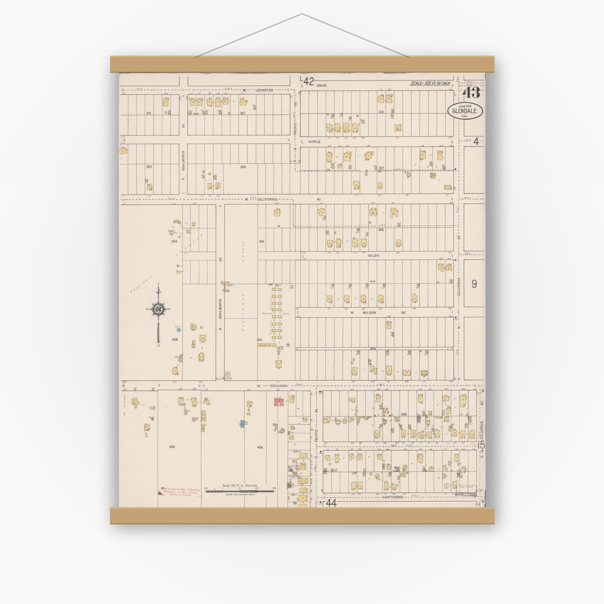 Old map wall art mockup — magnetic wood frame on white wall — Sanborn Fire Insurance Map from Glendale, Los Angeles County, California (1919), Sheet #0043
