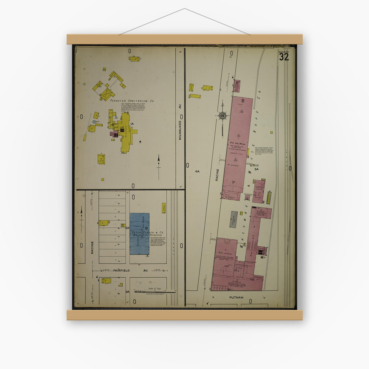 Old map wall art mockup — magnetic wood frame on white wall — Sanborn Fire Insurance Map from Kenosha, Kenosha County, Wisconsin. (1918), Sheet 36