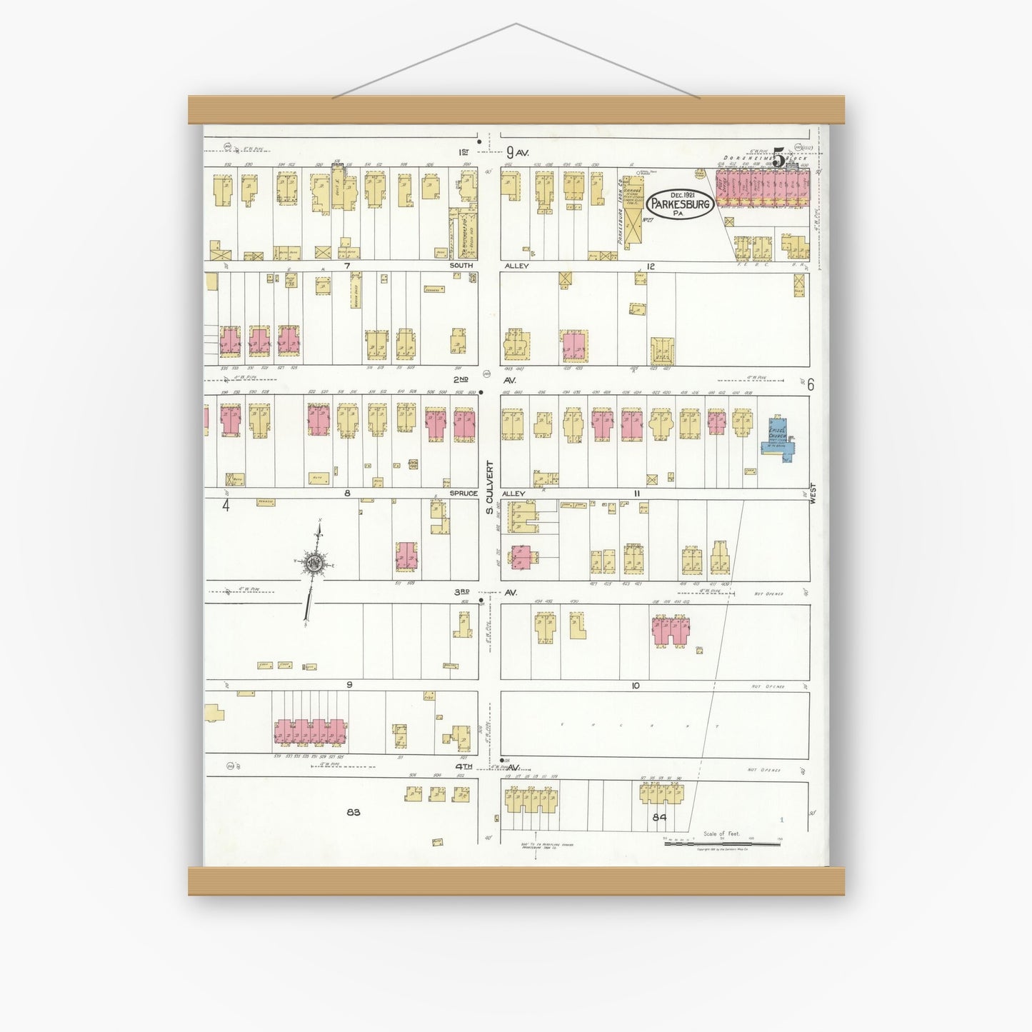 Old map wall art mockup — magnetic wood frame on white wall — Sanborn Fire Insurance Map from Parkesburg, Chester County, Pennsylvania (1921), Sheet #0005