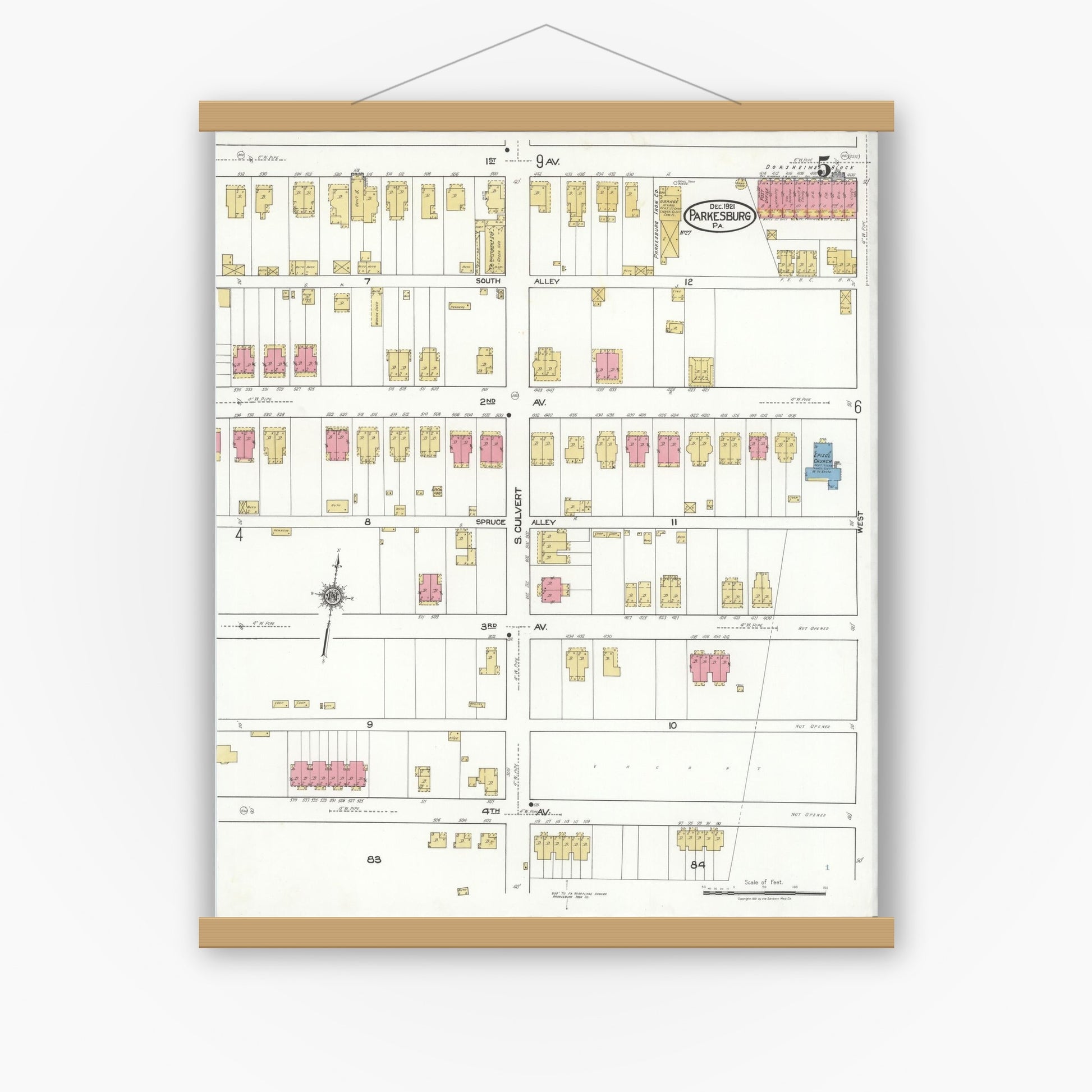 Old map wall art mockup — magnetic wood frame on white wall — Sanborn Fire Insurance Map from Parkesburg, Chester County, Pennsylvania (1921), Sheet #0005
