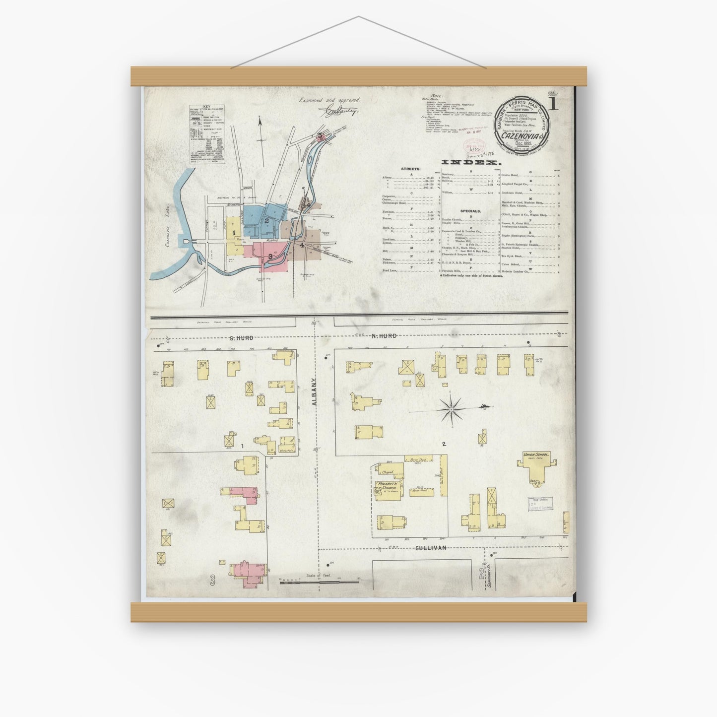 Old map wall art mockup — magnetic wood frame on white wall — Sanborn Fire Insurance Map from Cazenovia, Madison County, New York (1895), Sheet #0001