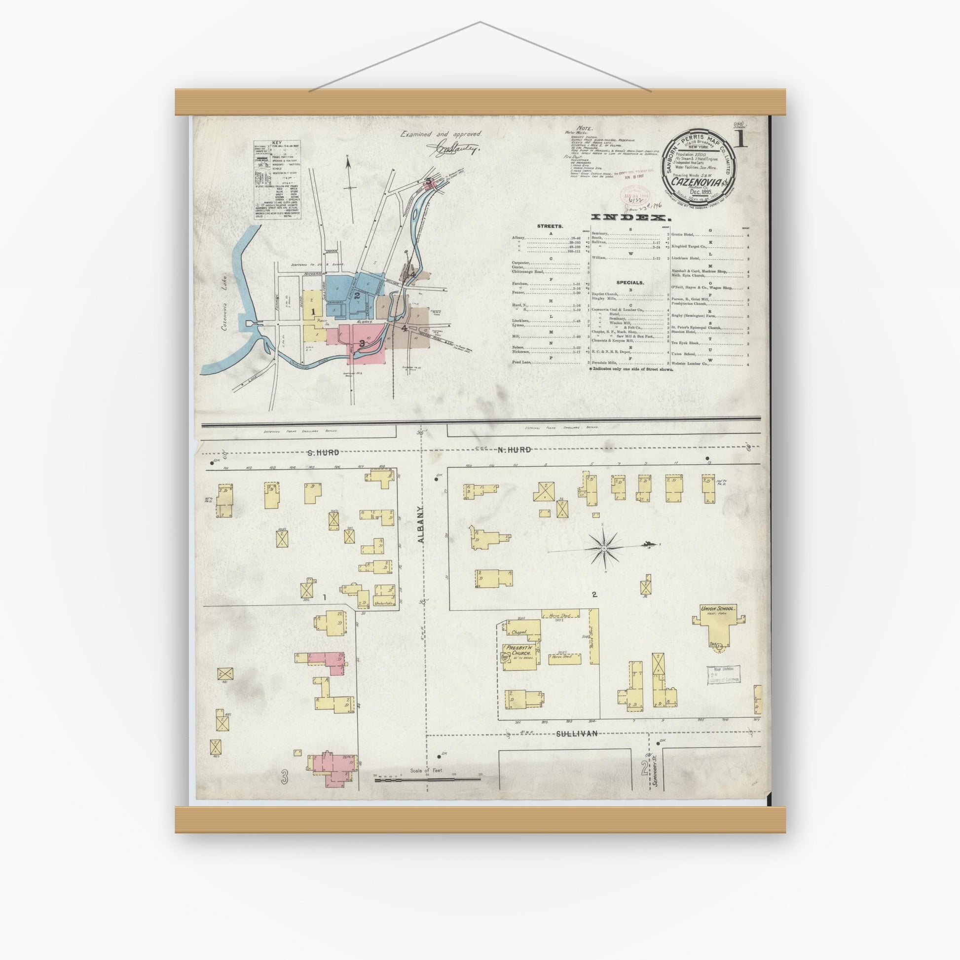 Old map wall art mockup — magnetic wood frame on white wall — Sanborn Fire Insurance Map from Cazenovia, Madison County, New York (1895), Sheet #0001